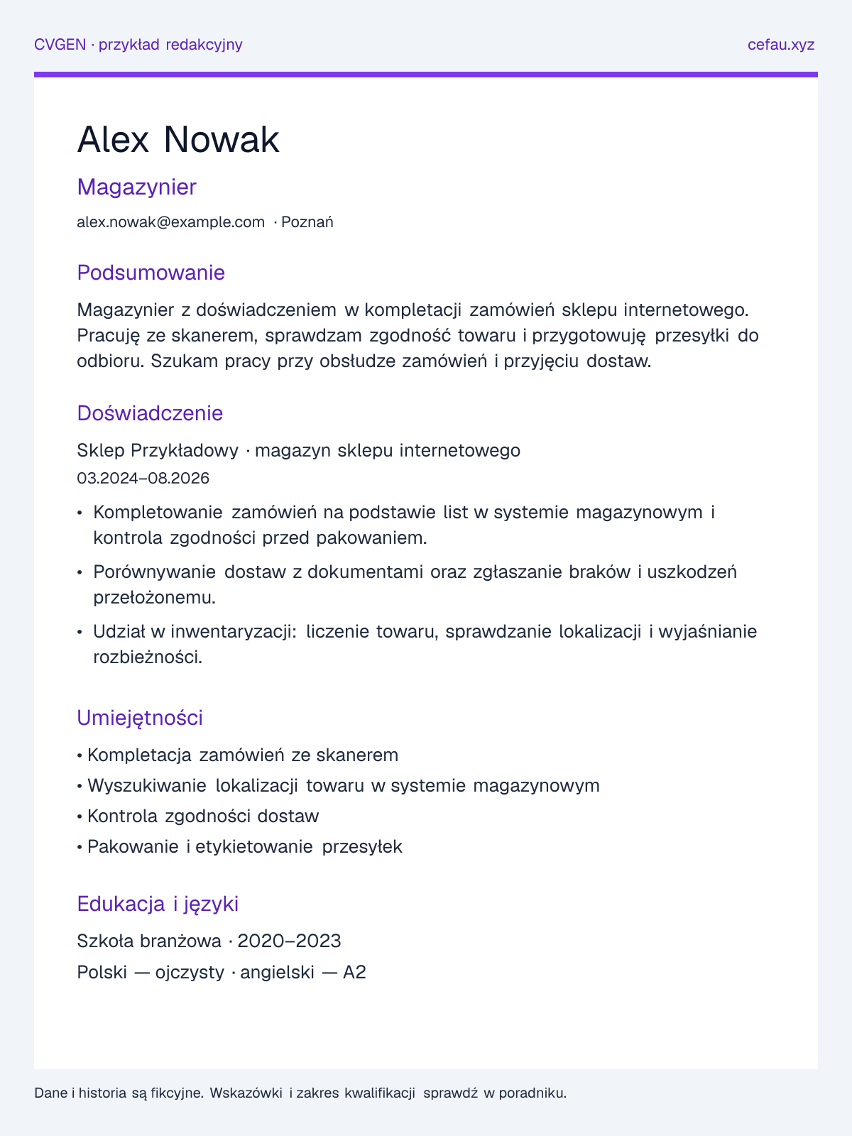 Przykładowy układ CV: Magazynier, sekcje podsumowania, doświadczenia, umiejętności i edukacji